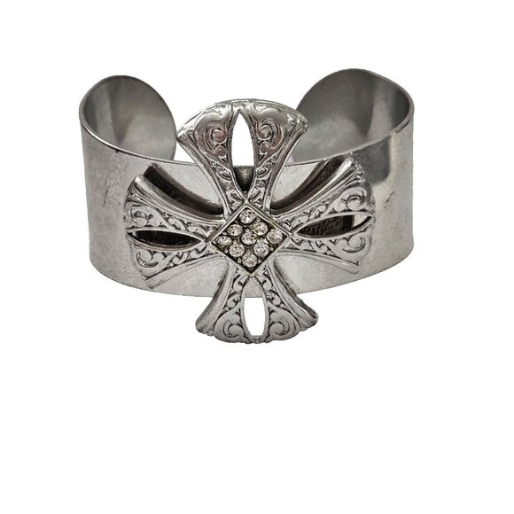 Maltese Cross Silver Rhinestone Tone Cuff Bracelet - Picture 1 of 3